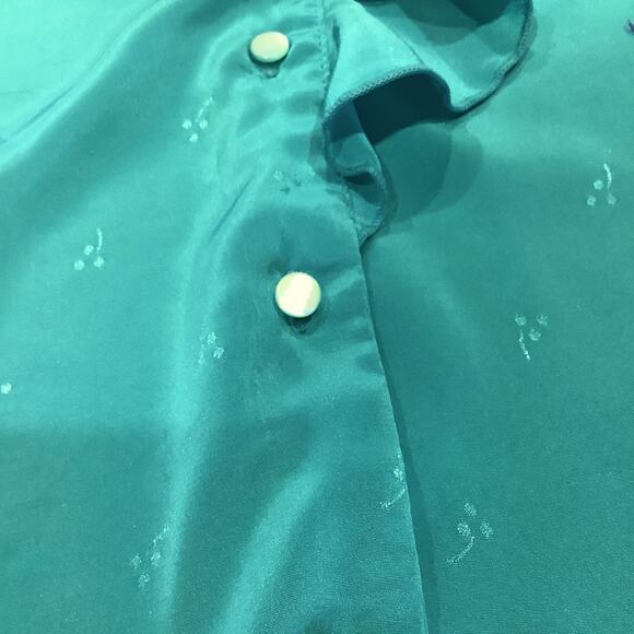 Vintage Liz Claiborne Button Up V Neck Ruffle Blouse Embossed Turquoise - Picture 5 of 12